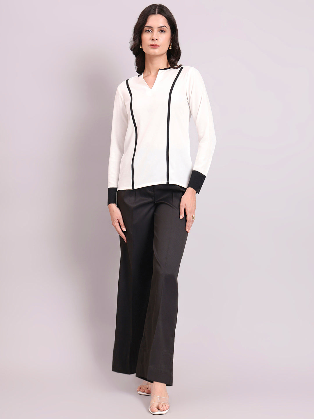 White Crepe Top With Round V-Neck & Black Contrast Trim Detailed