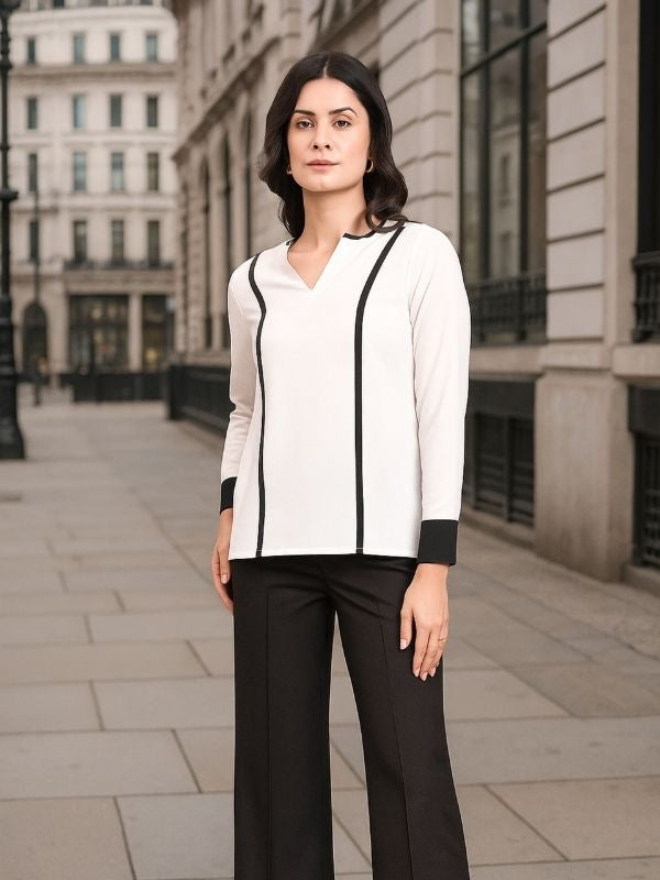 White Crepe Top With Round V-Neck & Black Contrast Trim Detailed