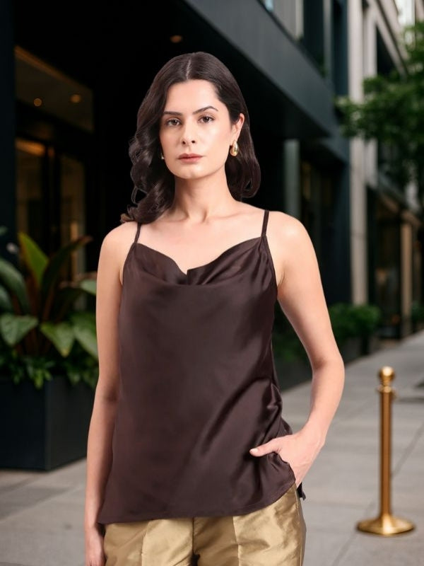 Chocolate Brown Cowl Neck Strappy Satin Top
