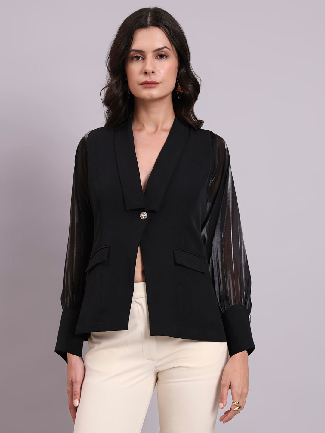 Black Shawl Collar Top With Sheer Balloon Sleeves And Fancy Buttons Detailed