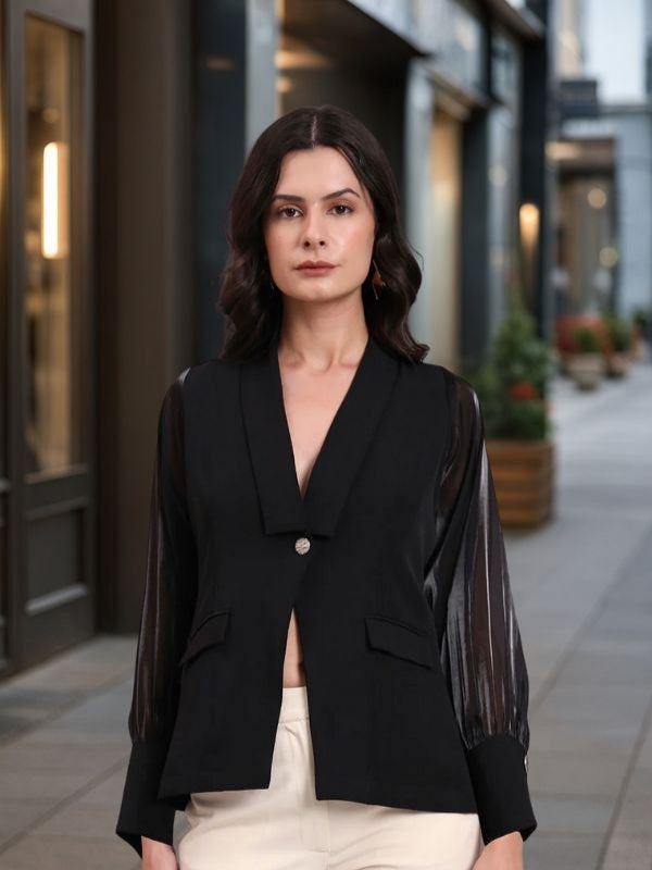 Black Shawl Collar Top With Sheer Balloon Sleeves And Fancy Buttons Detailed