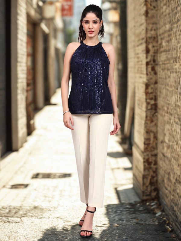 Navy Blue Sequin Halter Camisole with Gathered Detail