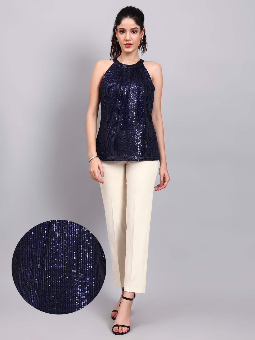Navy Blue Sequin Halter Camisole with Gathered Detail