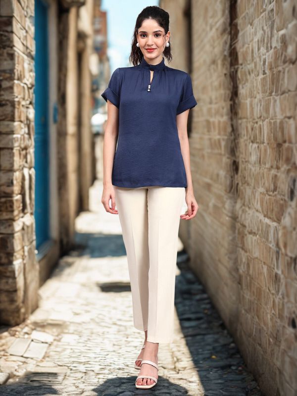 Premium Blue High-Neck Satin Top with Pearl Detailing