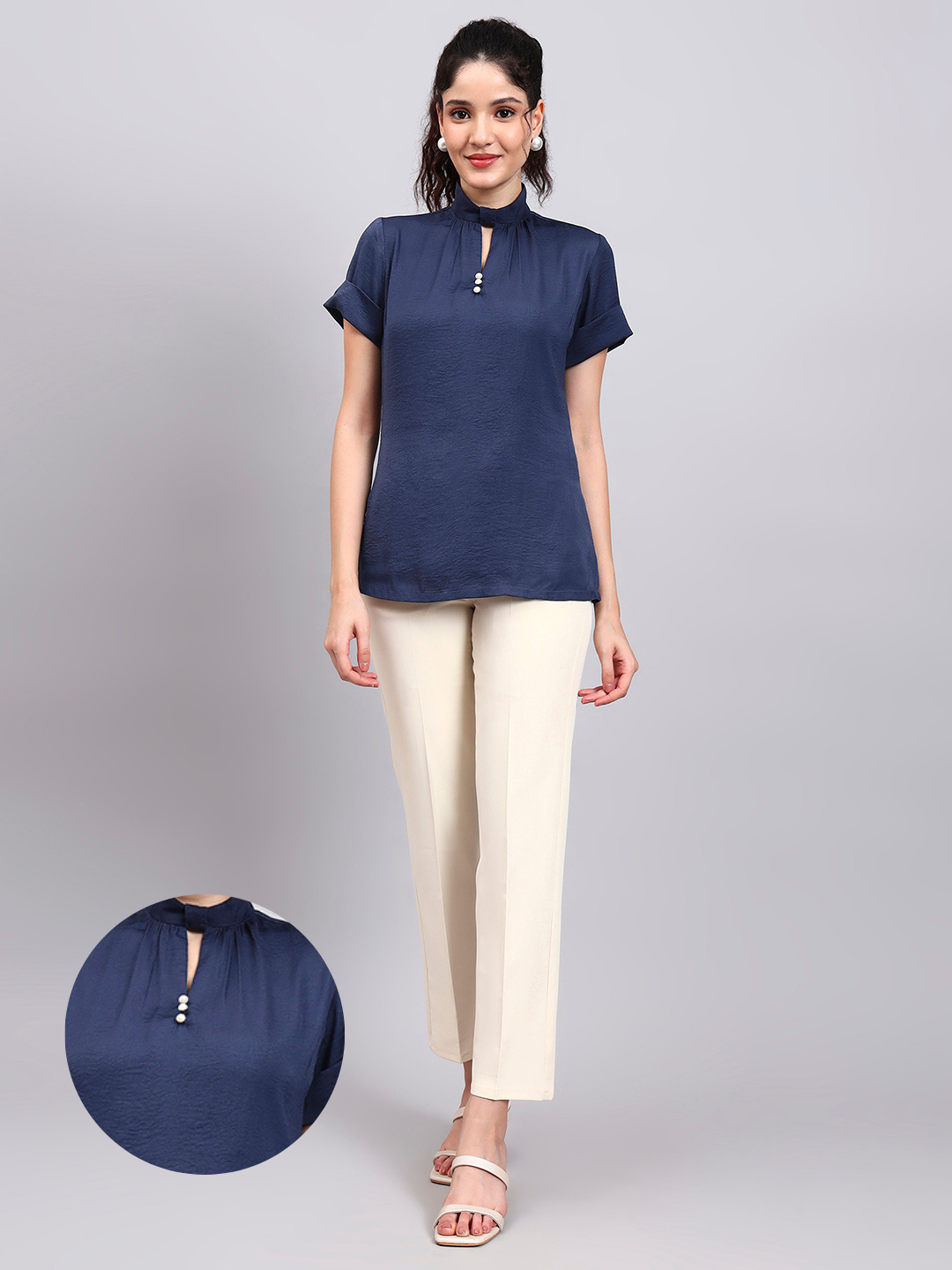 Premium Blue High-Neck Satin Top with Pearl Detailing