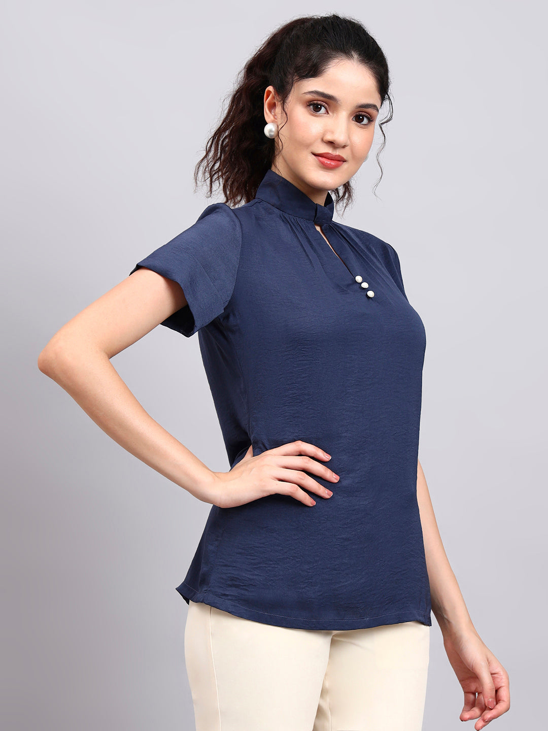 Premium Blue High-Neck Satin Top with Pearl Detailing