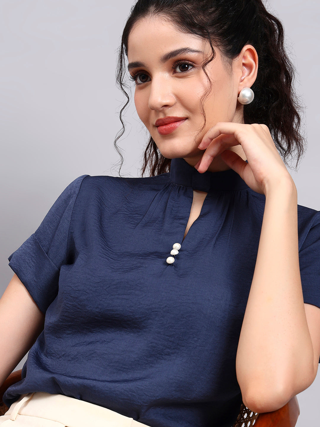 Premium Blue High-Neck Satin Top with Pearl Detailing