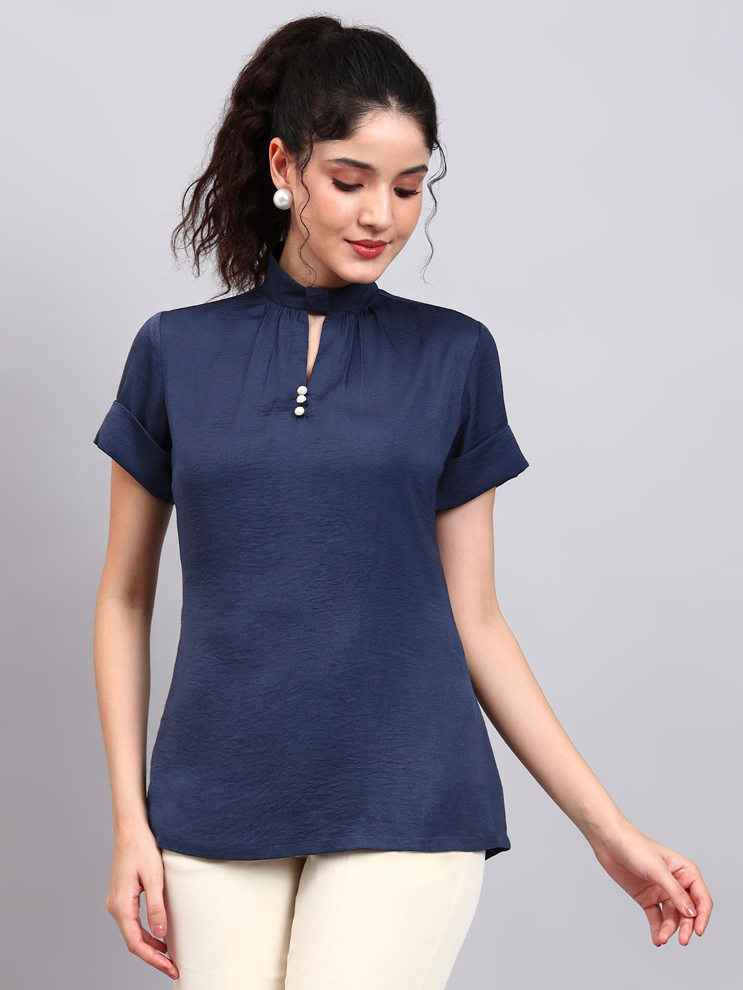 Premium Blue High-Neck Satin Top with Pearl Detailing