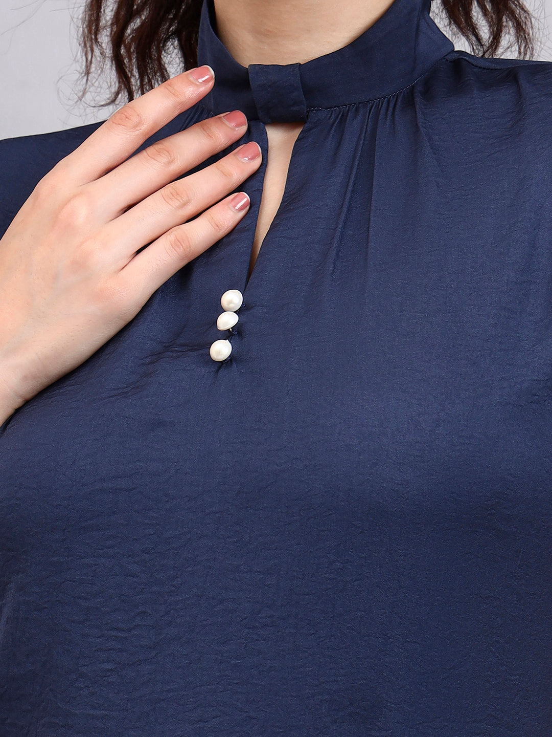 Premium Blue High-Neck Satin Top with Pearl Detailing