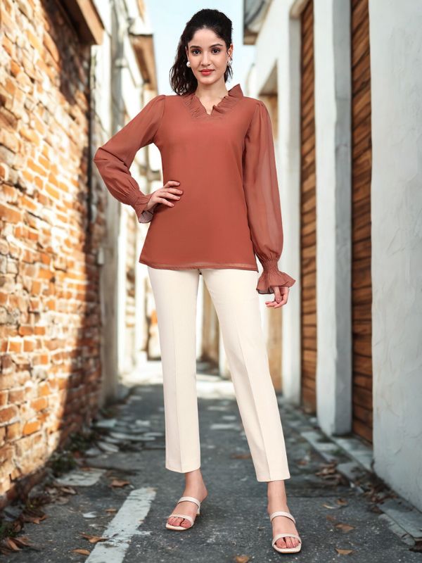 Rust V-Neck Top With Pleated Detail And Smocked Sheer Sleeves