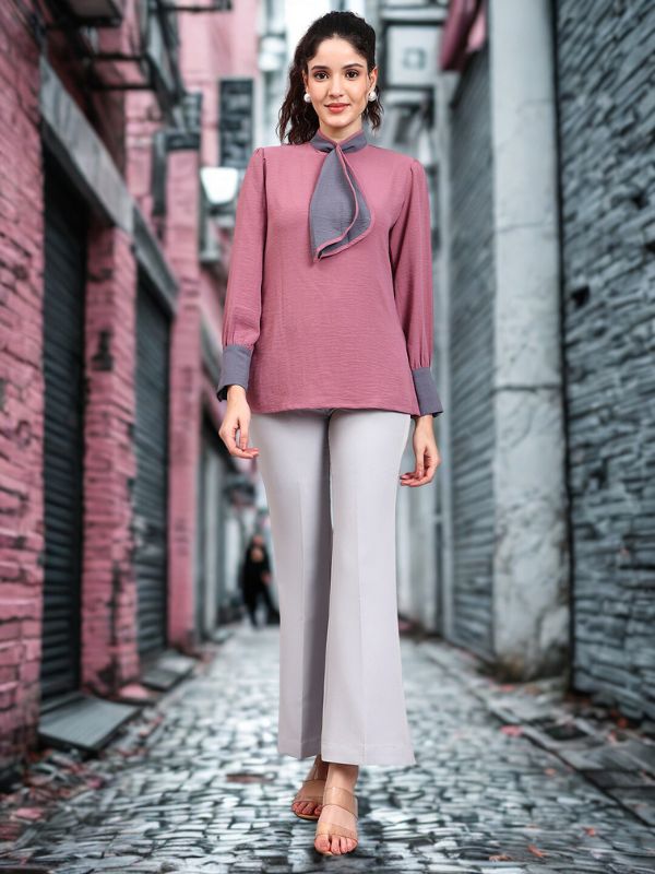 Pink Tie-Neck Top With Contrast Grey Cuffs And Ruffle Detail