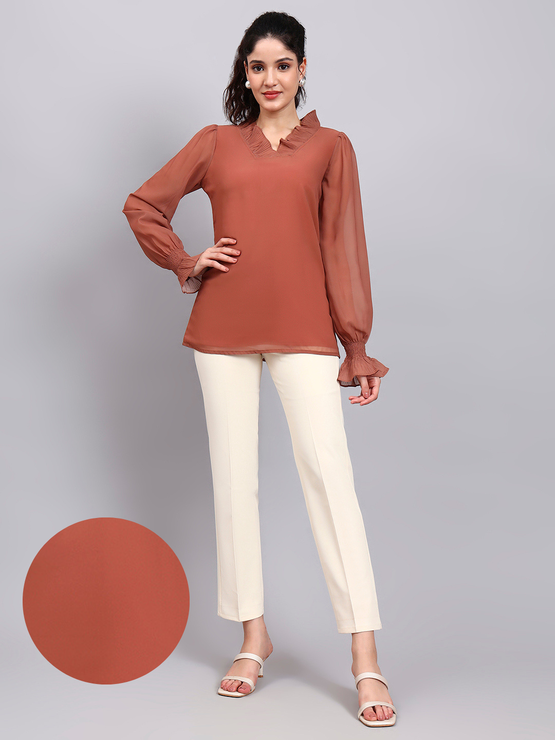 Rust V-Neck Top With Pleated Detail And Smocked Sheer Sleeves