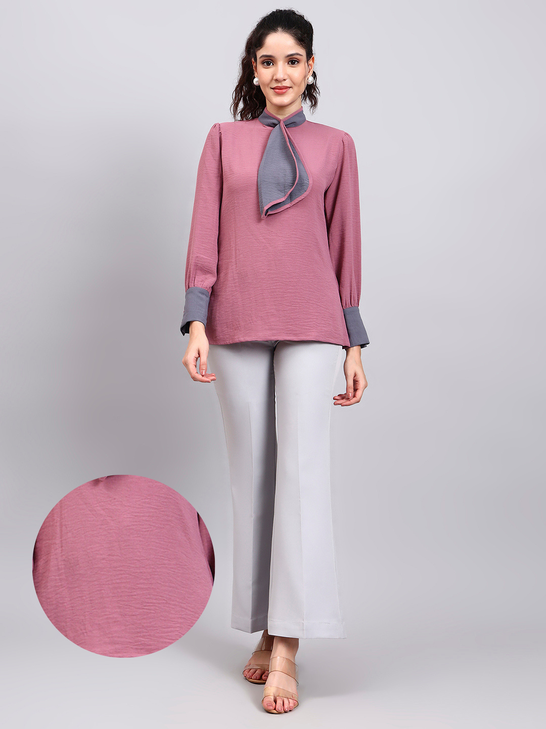 Pink Tie-Neck Top With Contrast Grey Cuffs And Ruffle Detail