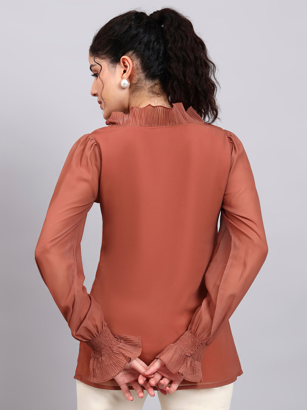 Rust V-Neck Top With Pleated Detail And Smocked Sheer Sleeves