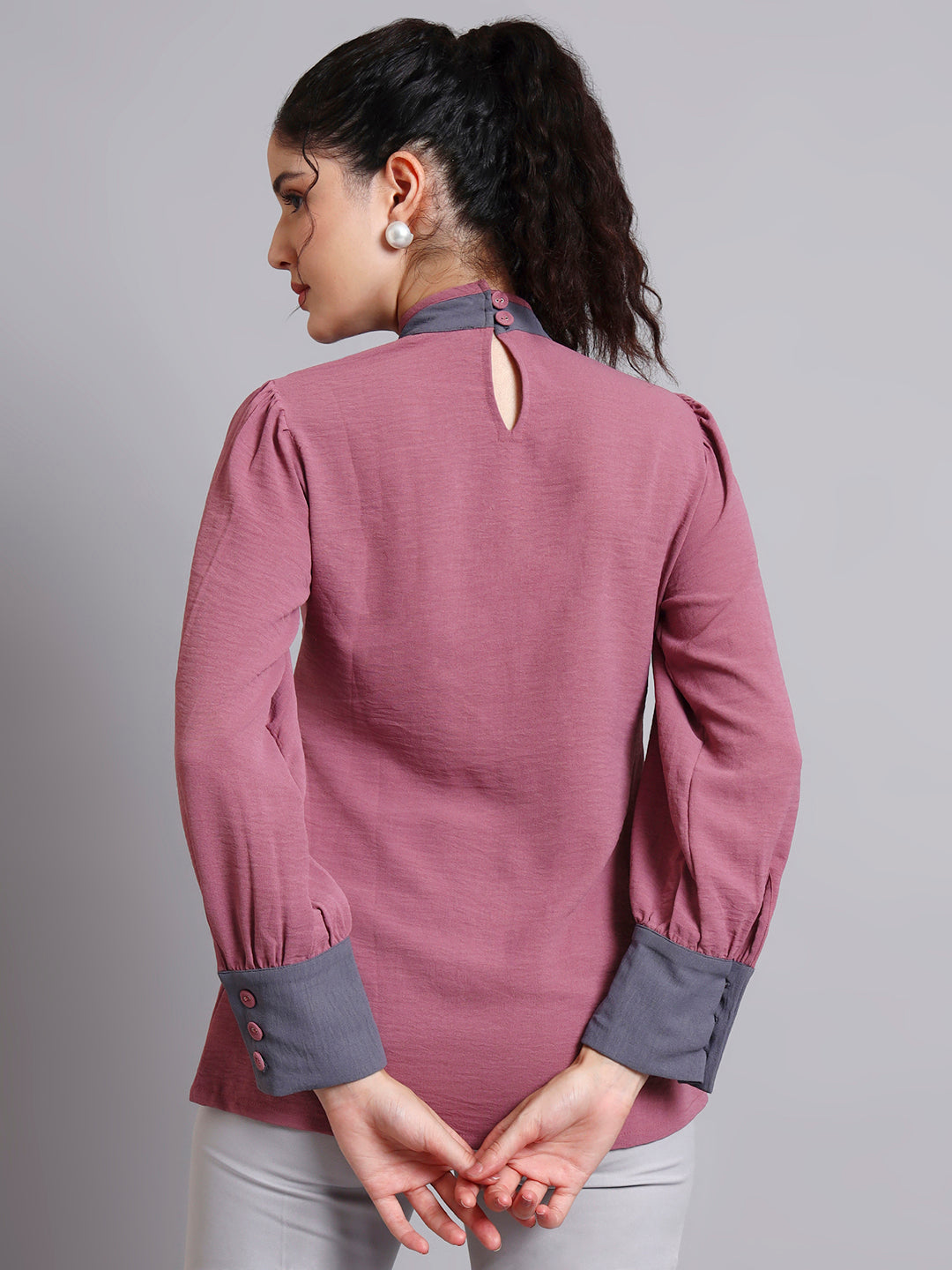 Pink Tie-Neck Top With Contrast Grey Cuffs And Ruffle Detail