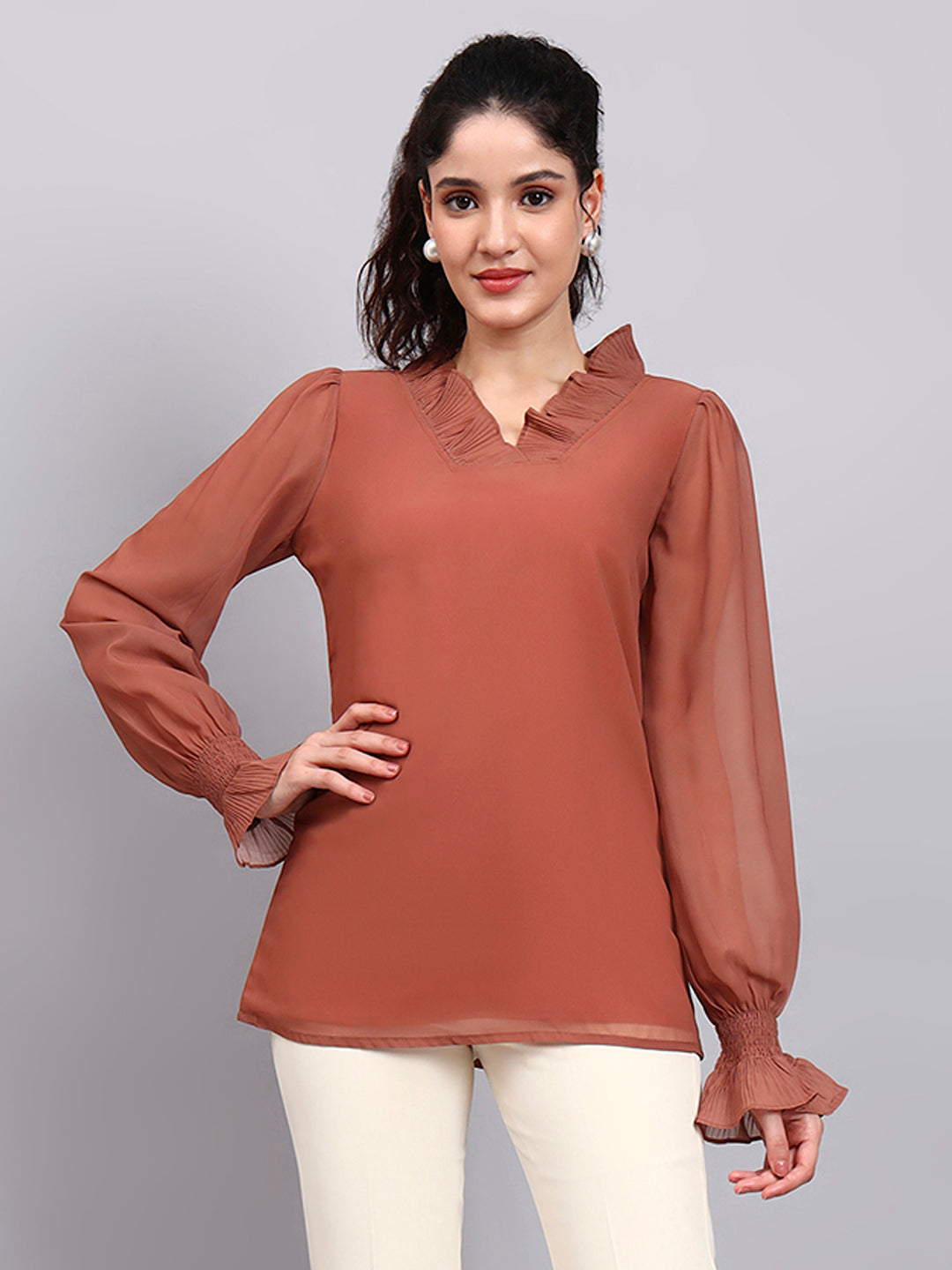 Rust V-Neck Top With Pleated Detail And Smocked Sheer Sleeves