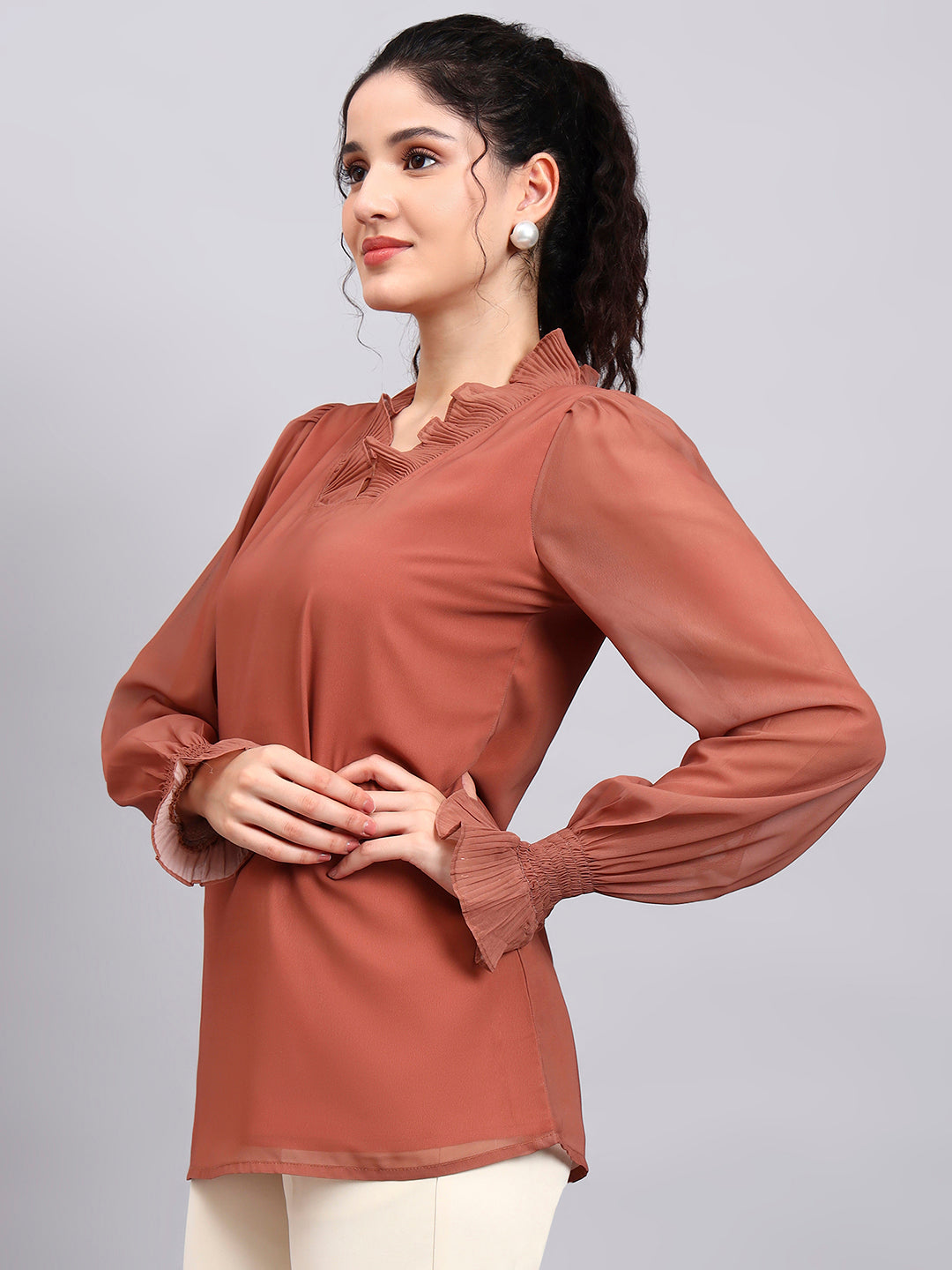 Rust V-Neck Top With Pleated Detail And Smocked Sheer Sleeves
