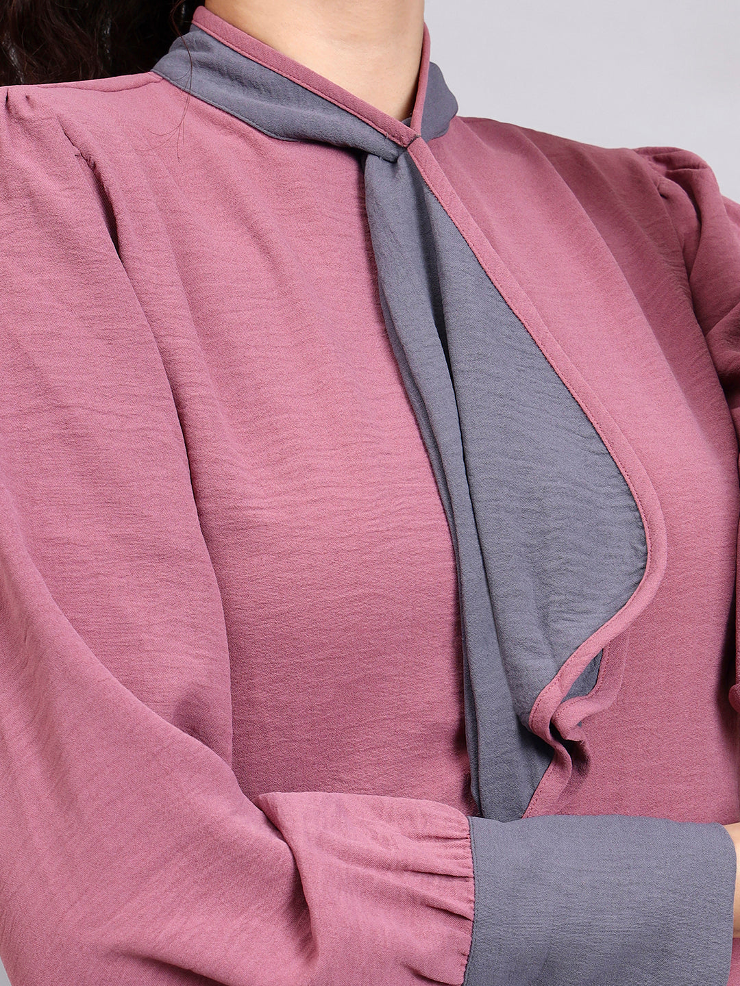 Pink Tie-Neck Top With Contrast Grey Cuffs And Ruffle Detail