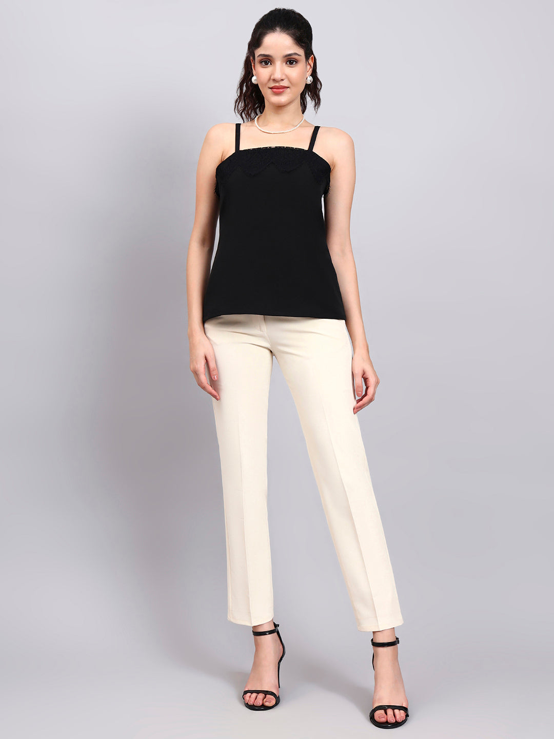 Elegant Black Lace-Trim Camisole with Square Neck
