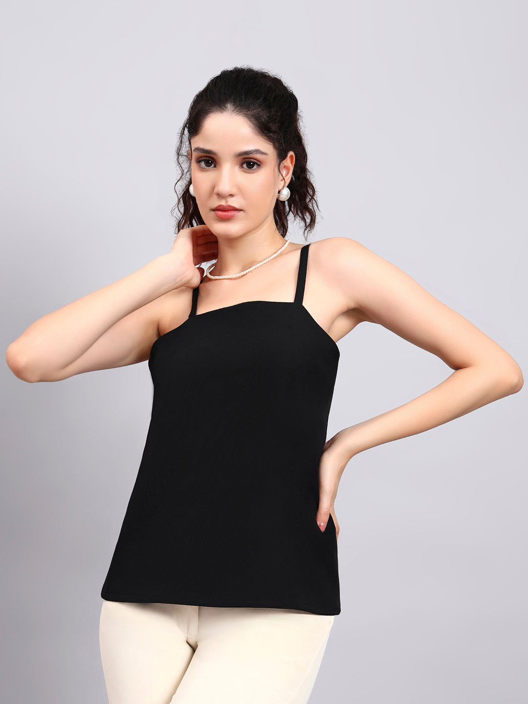 Elegant Black Lace-Trim Camisole with Square Neck