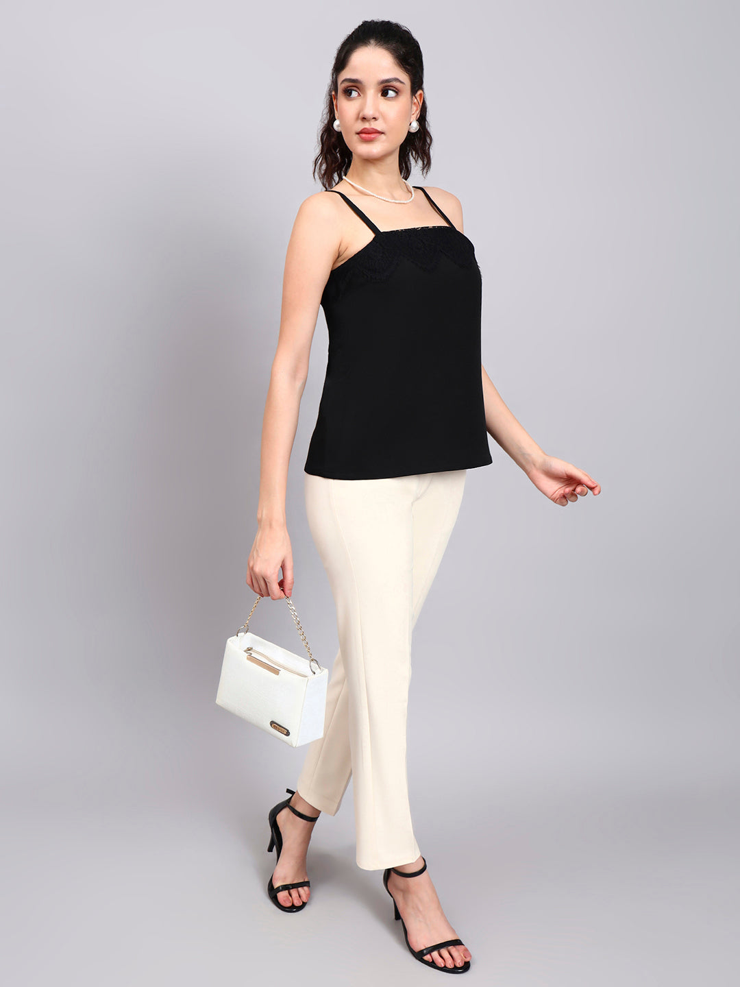 Elegant Black Lace-Trim Camisole with Square Neck
