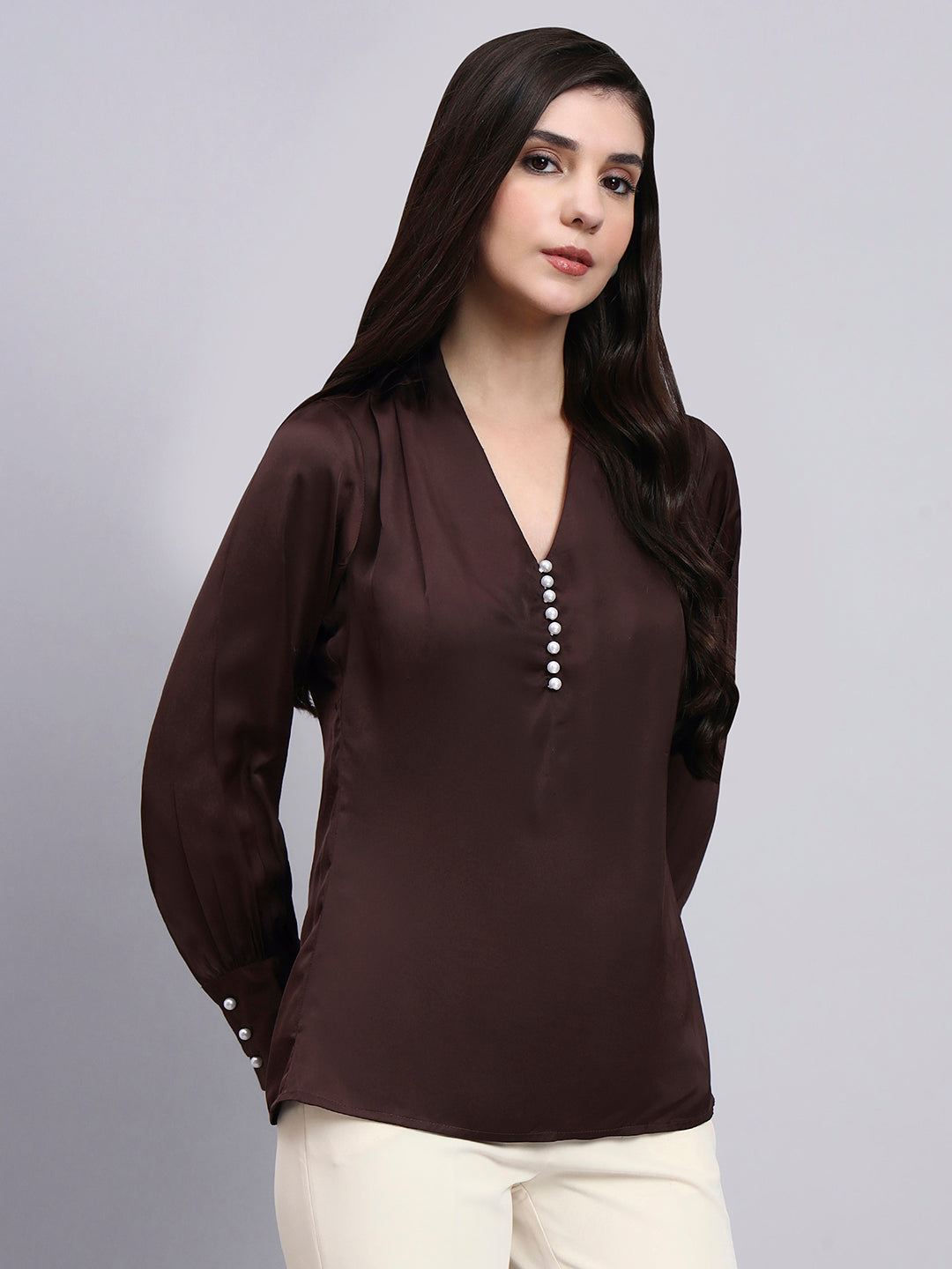Women Premium Chocolate High-Neck Satin Top with Pearl Detailing