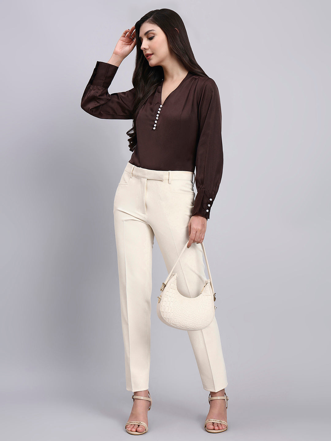 Women Premium Chocolate High-Neck Satin Top with Pearl Detailing