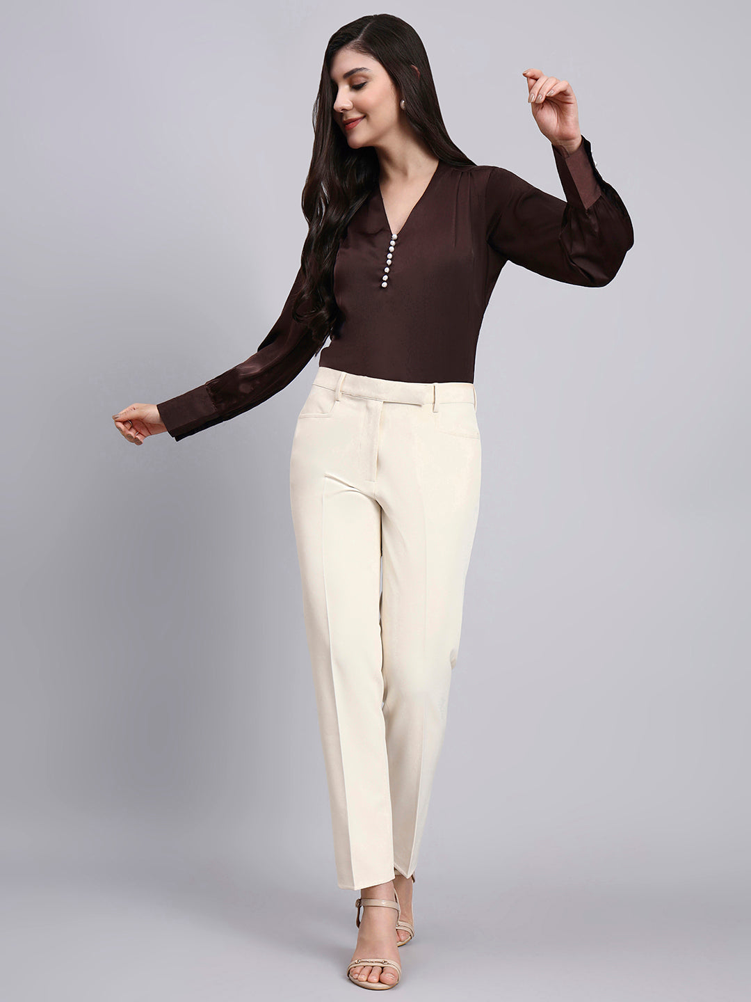 Women Premium Chocolate High-Neck Satin Top with Pearl Detailing