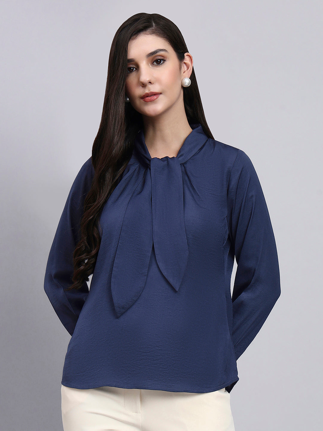 Effortlessly Elegant - Blue Tie-Neck Top
