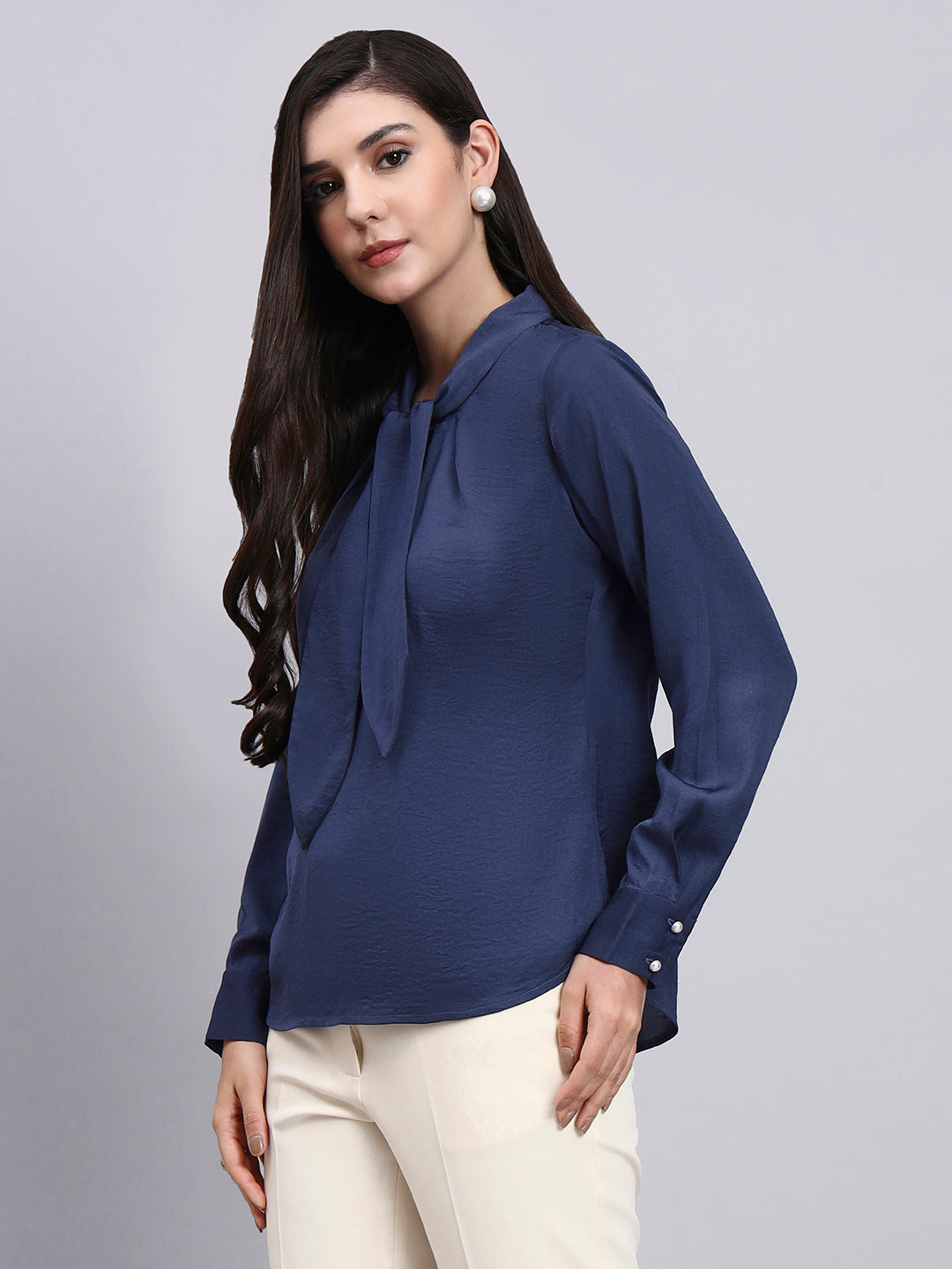 Effortlessly Elegant - Blue Tie-Neck Top