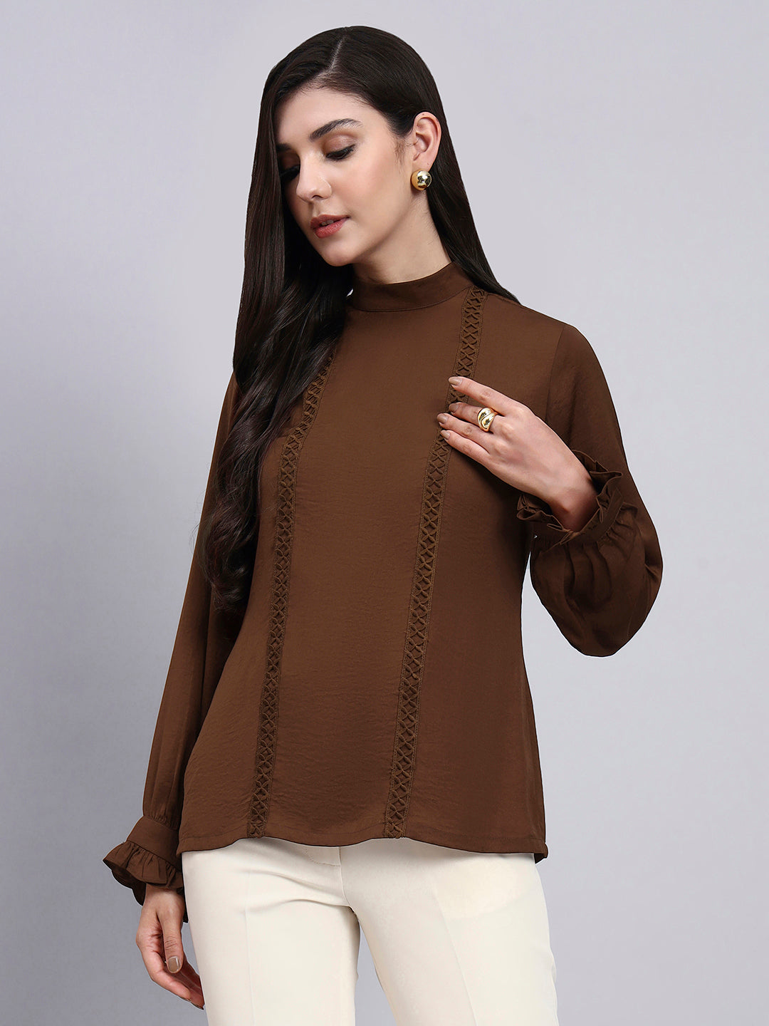 Women Premium Chocolate Satin Top with lace Detailing