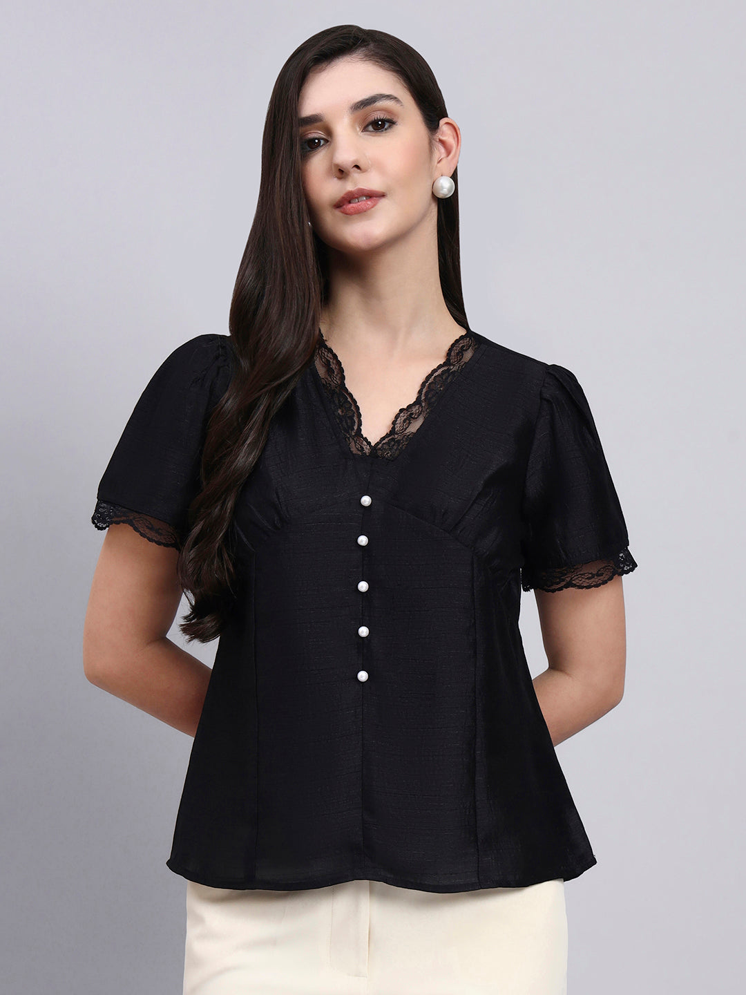 Women Modern Puff Sleeve Top With Pearl Button