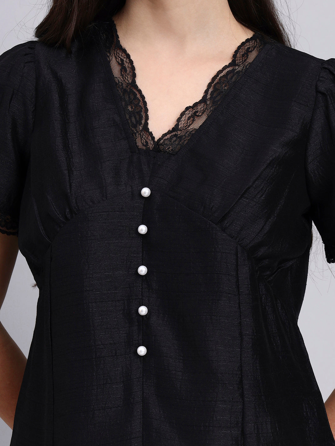 Women Modern Puff Sleeve Top With Pearl Button