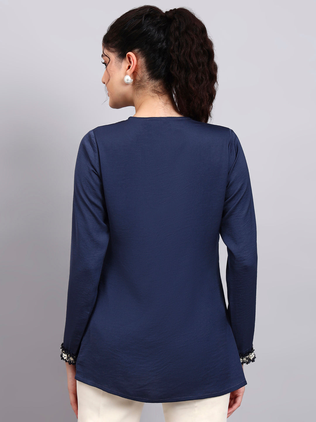 Blue V-Neck Top With Embellished Neckline And Cuff Detailing