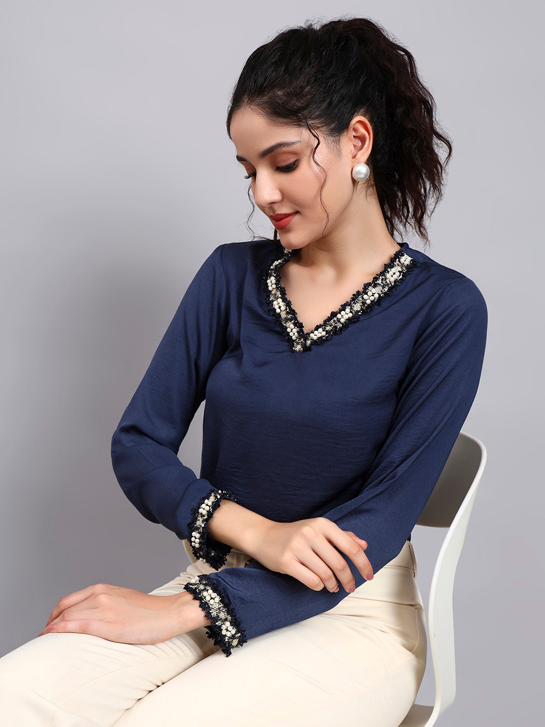 Blue V-Neck Top With Embellished Neckline And Cuff Detailing