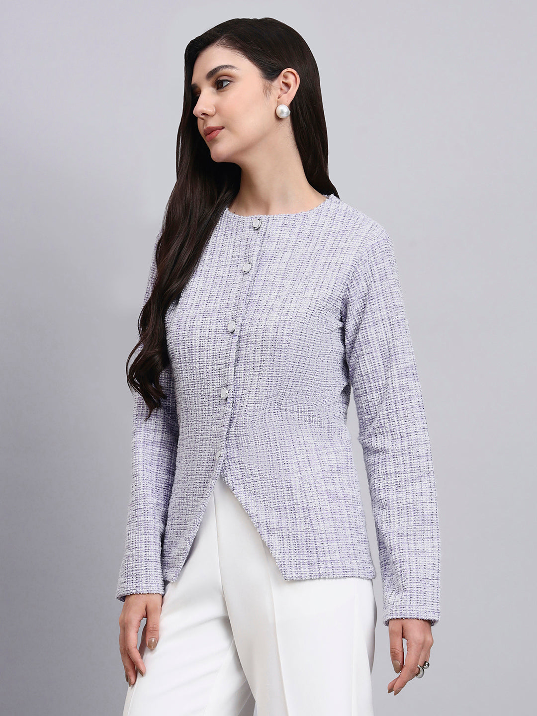 Elegant lilac warm tweed Stretchable top with pearl button detailing and a sleek front-slit silhouette.