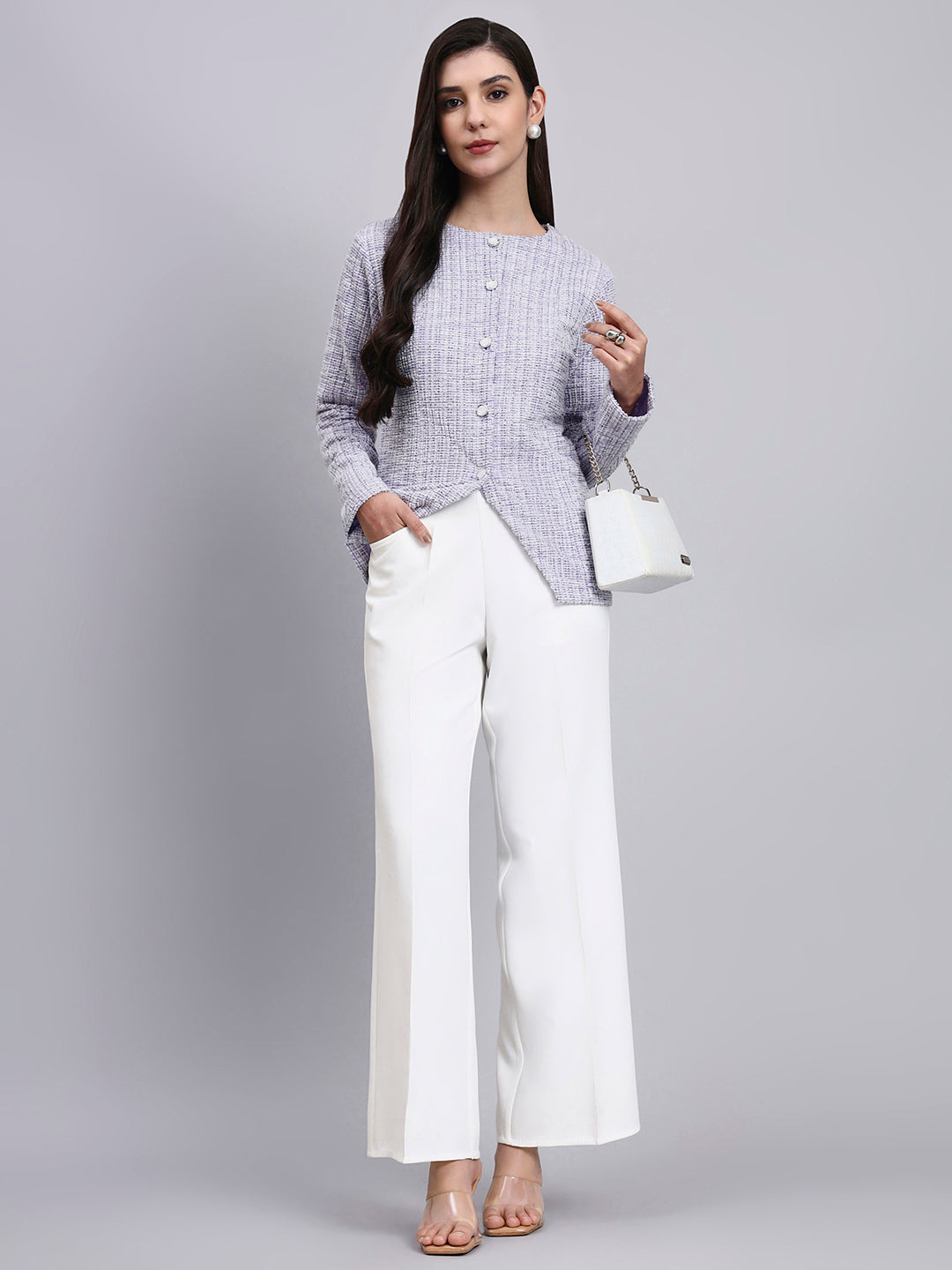 Elegant lilac warm tweed Stretchable top with pearl button detailing and a sleek front-slit silhouette.