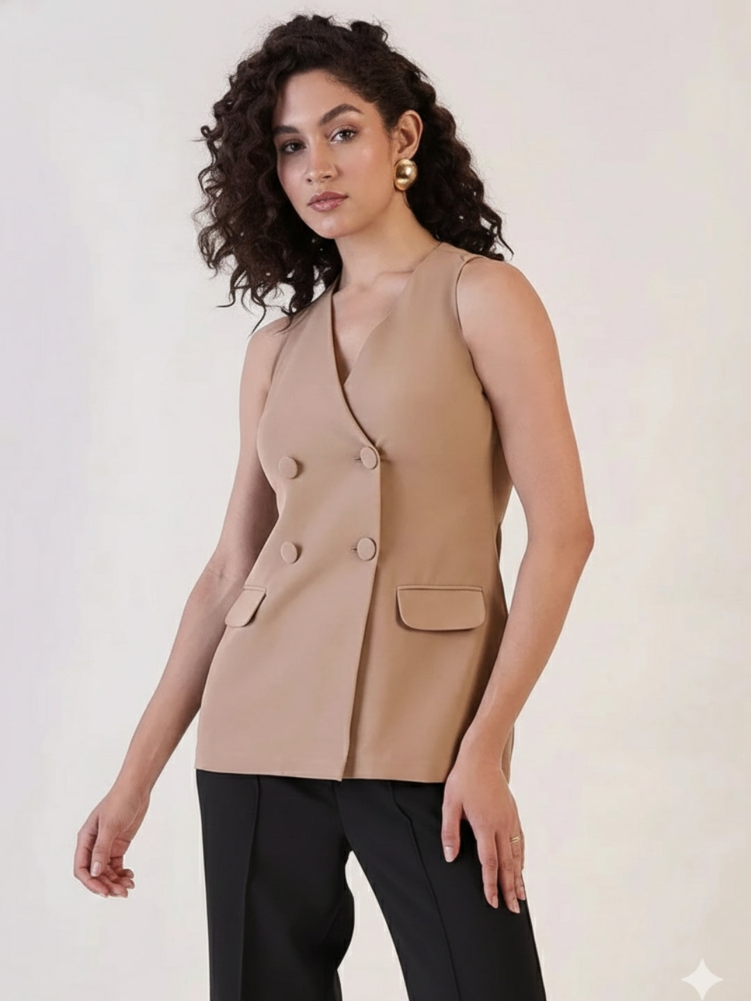 Women Brown V-Neck Sleeveless Stretch Top