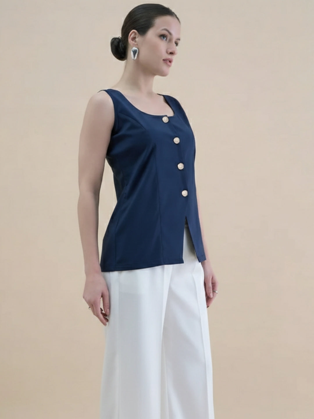 Women Navy Blue U-Neck Straight Fit Waistcoat