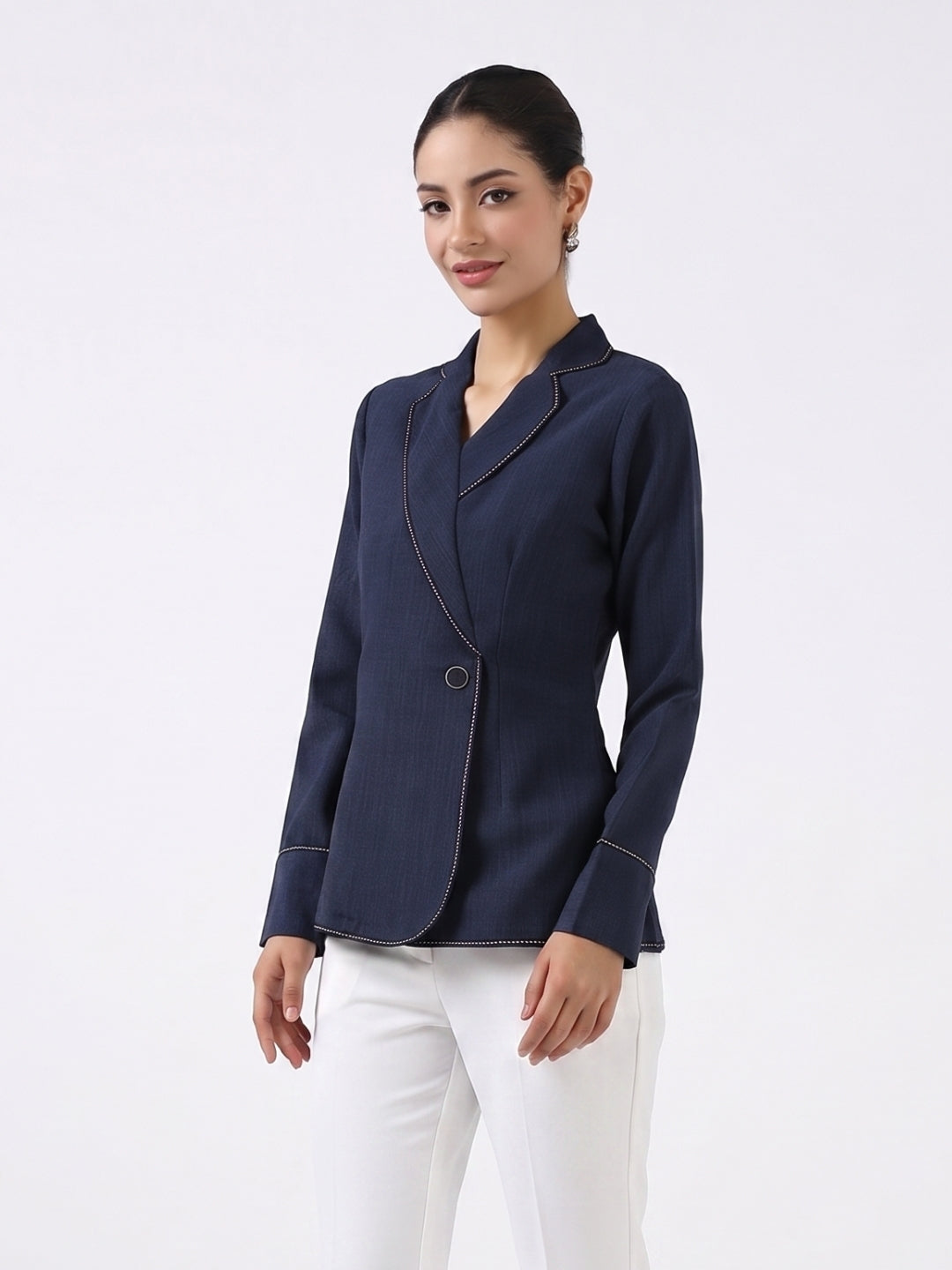 Women Navy Blue Blazer Style Top