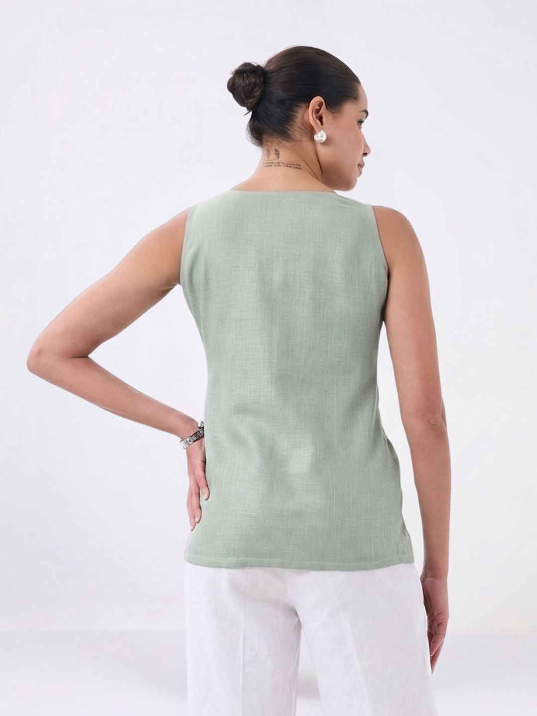 Women Sage Green Button Detail Top