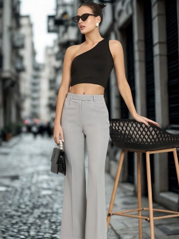 Women Relaxed Flared Mid-Rise Bell Bottom Stretch Trouser