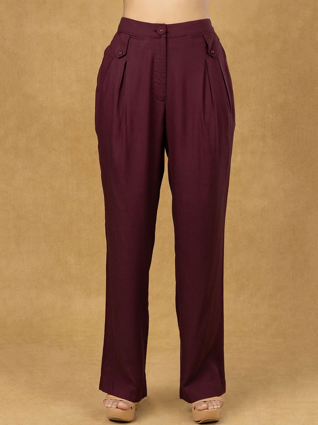 Burgundy Inverted Pleats High Waist Trouser
