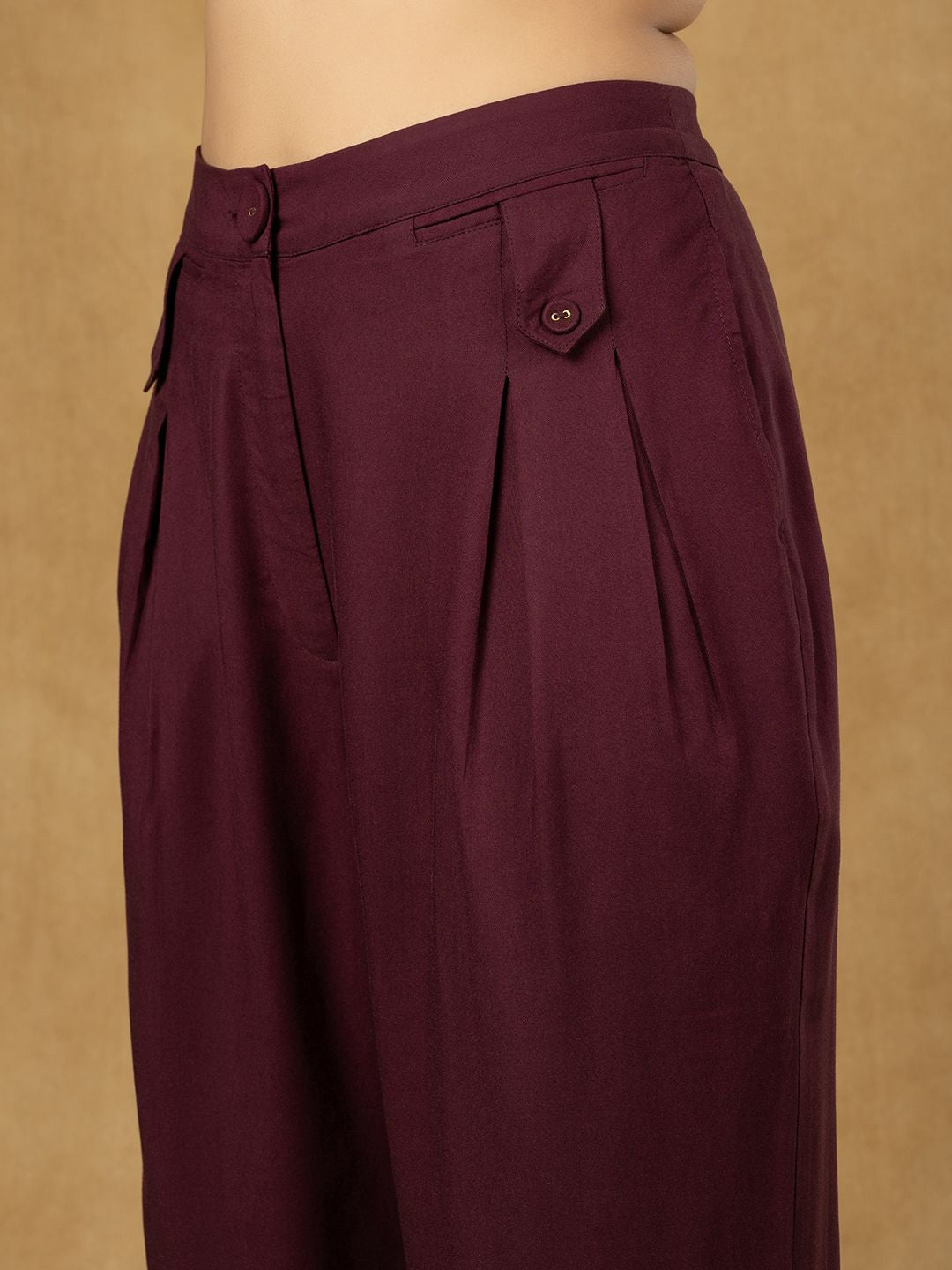 Burgundy Inverted Pleats High Waist Trouser