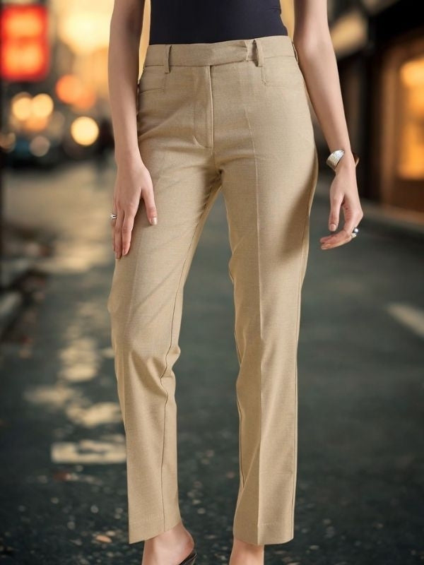 Women Beige Regular Fit Mid Waist Trouser