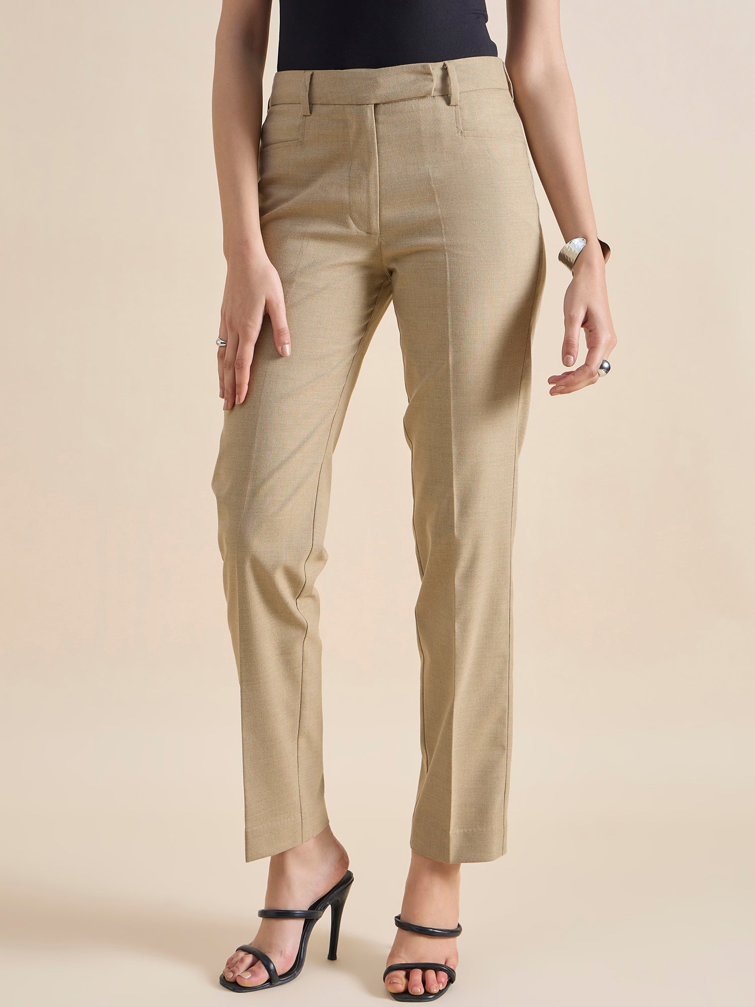 Women Beige Regular Fit Mid Waist Trouser