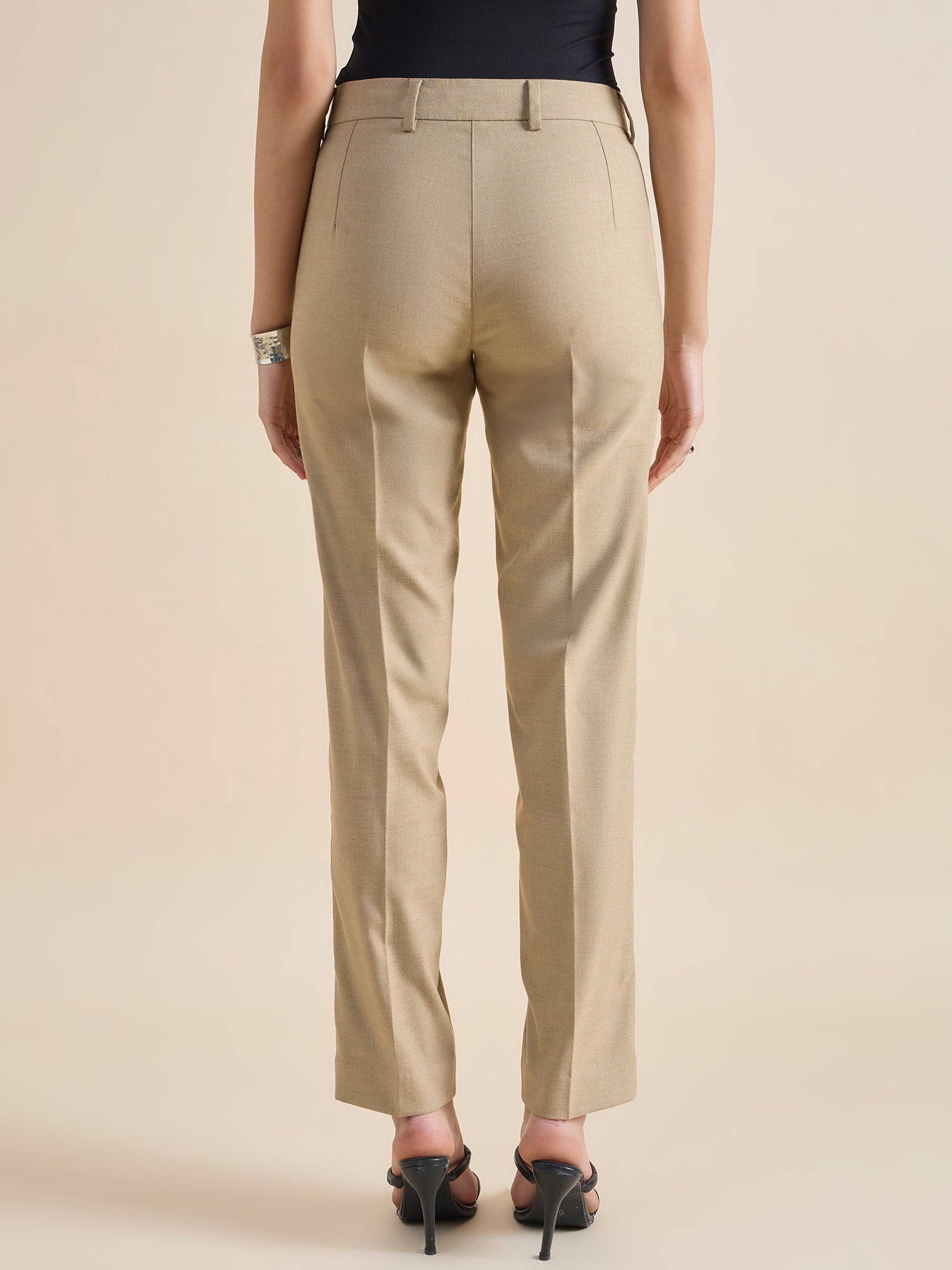 Women Beige Regular Fit Mid Waist Trouser