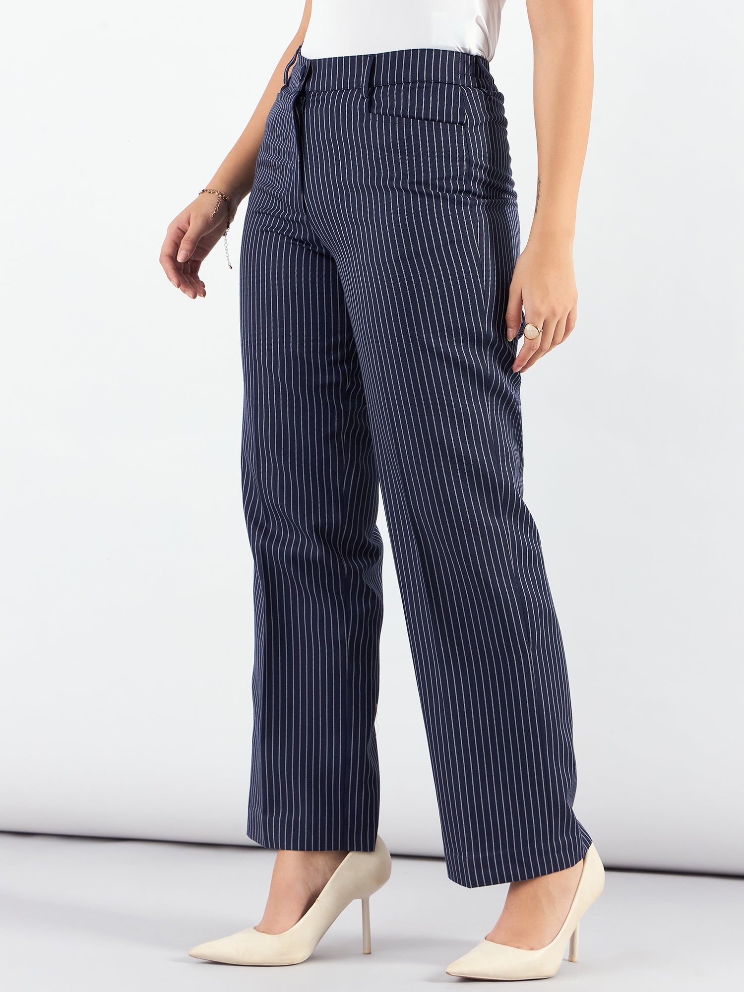 Women Striped High-Rise Wrinkle Free Trousers