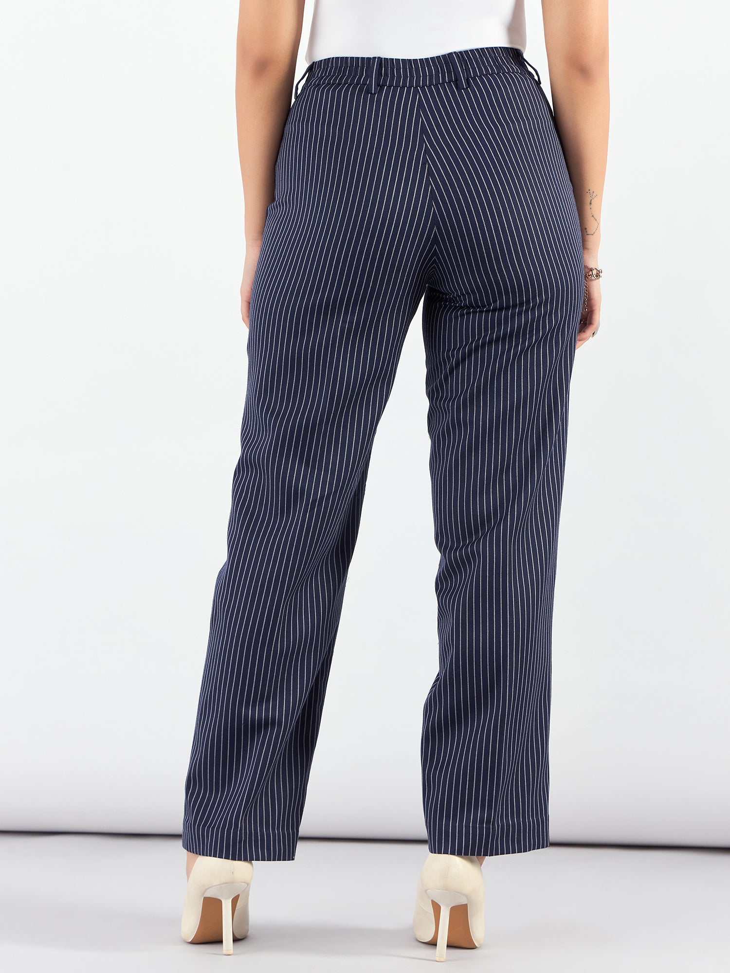 Women Striped High-Rise Wrinkle Free Trousers