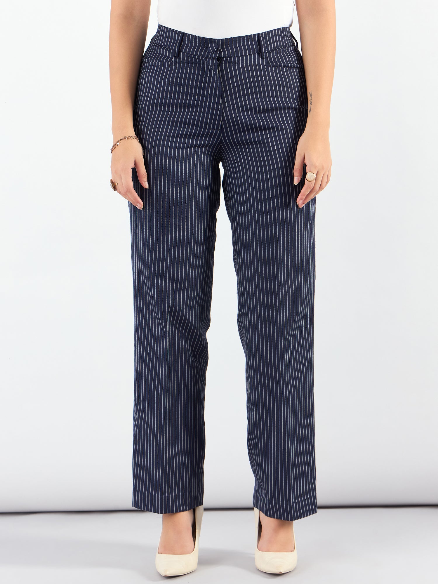 Women Striped High-Rise Wrinkle Free Trousers